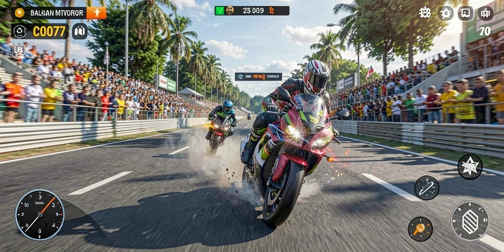 Tampilan gameplay C0077 dengan aksi balapan motor yang seru.