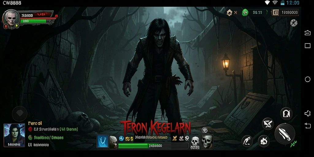 Tangkapan layar utama CW8888 menunjukkan suasana menyeramkan dan gameplay yang menegangkan.