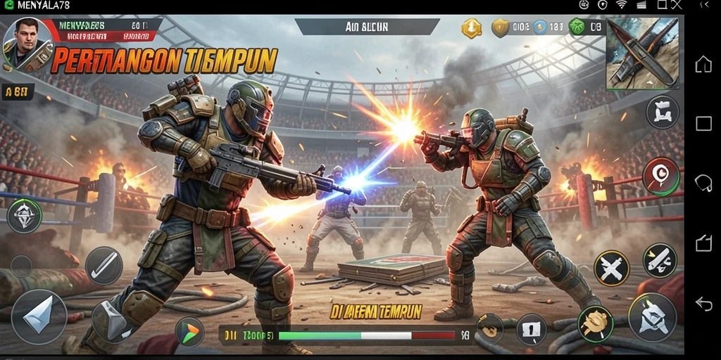 Tampilan gameplay penuh aksi di arena pertarungan.