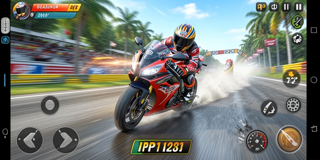 Tampilan gameplay seru PP123 dengan balapan motor cepat.