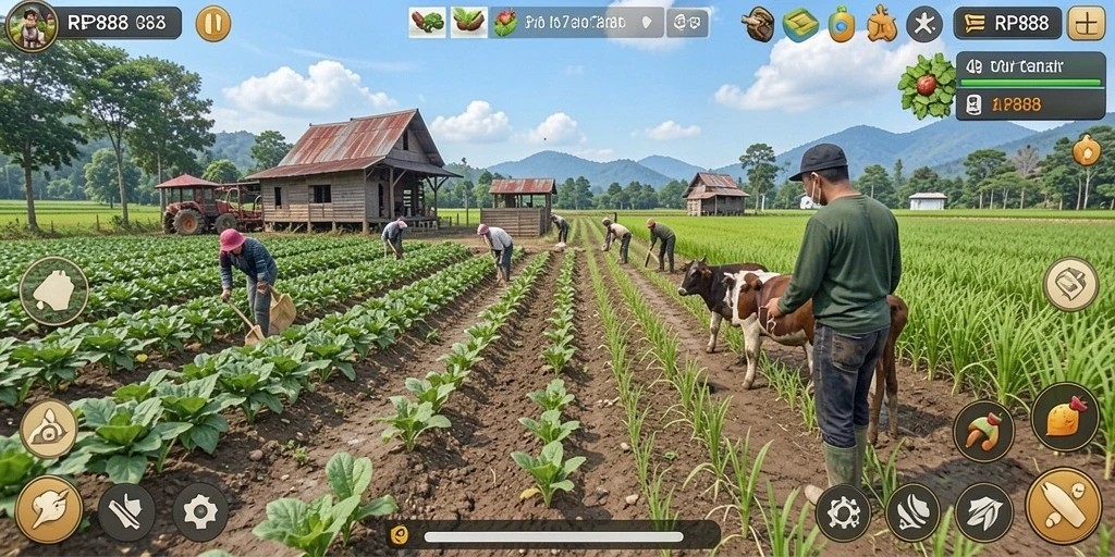 Screenshot utama RP888 menampilkan gameplay yang menarik dan menantang dalam bertani.