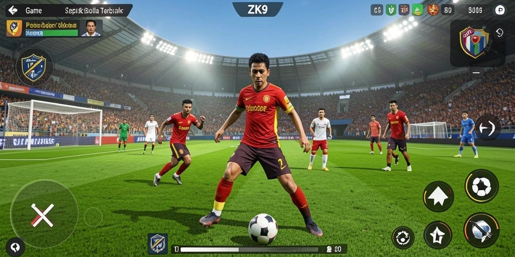 Screenshot gameplay ZK9 menampilkan aksi seru di lapangan sepak bola.